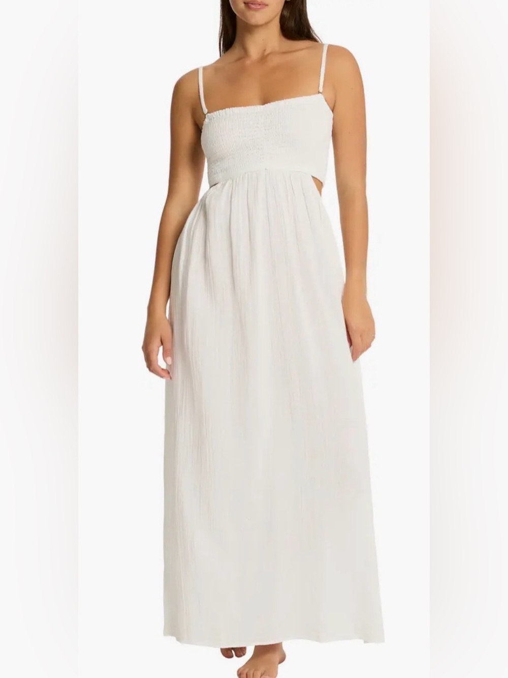 Smocked Bodice Cotton Seersucker Cover-Up Dress
